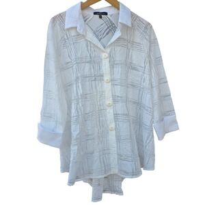 Yushi Lagenlook Crinkle Tunic Semi Sheer White Large Button Front